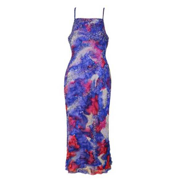 00s Sparkly Bead Embellished Silk Layered Tie Dye Evening Slip Gown Dress - Picture 1 of 7